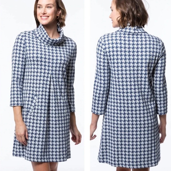 Tyler Boe Kim Cowl Neck Dress Marine Houndstooth Blue & White Size Medium - Picture 1 of 12